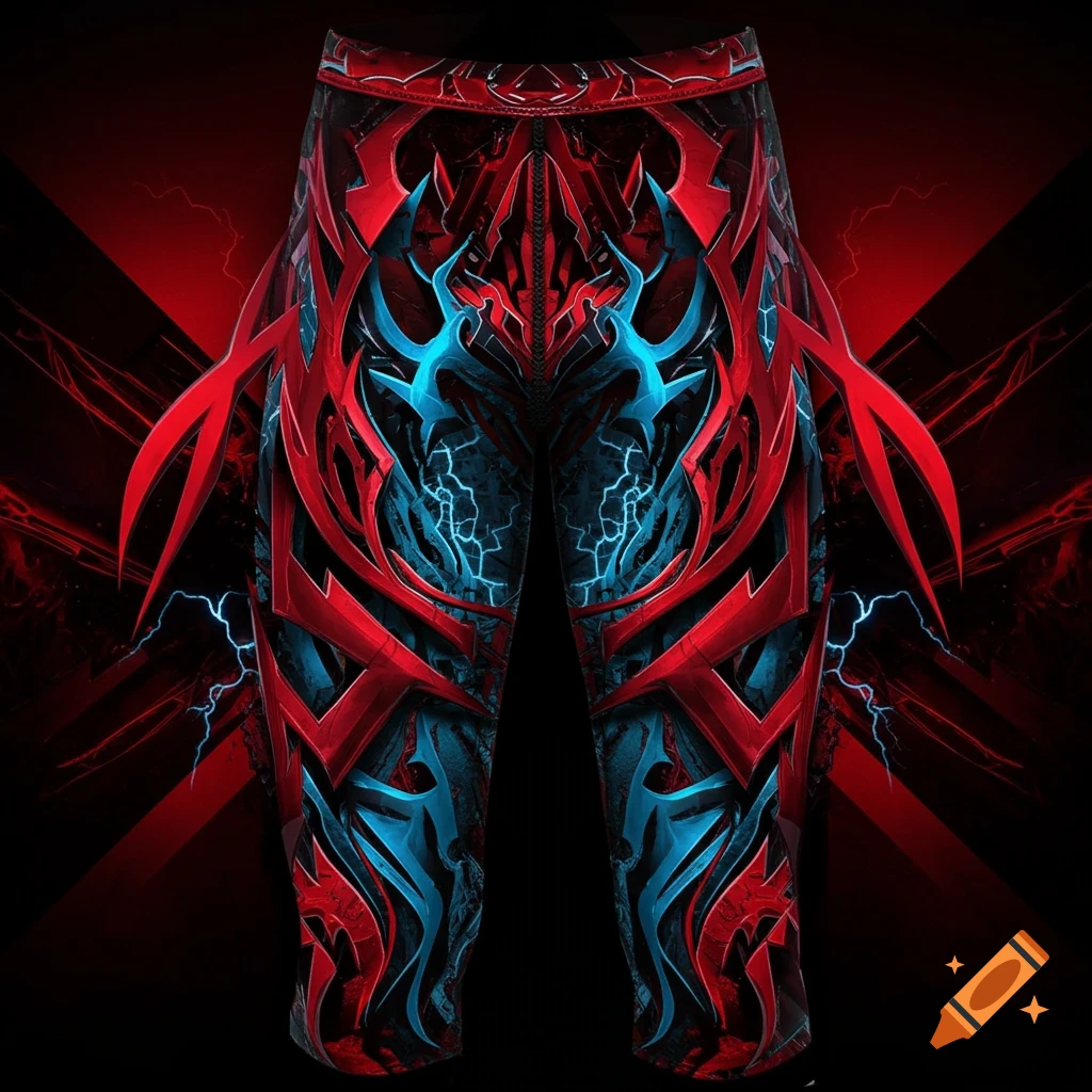 Red and blue pro wrestling tights with intricate, sharp-edged, aggressive patterns and electric lightning details.