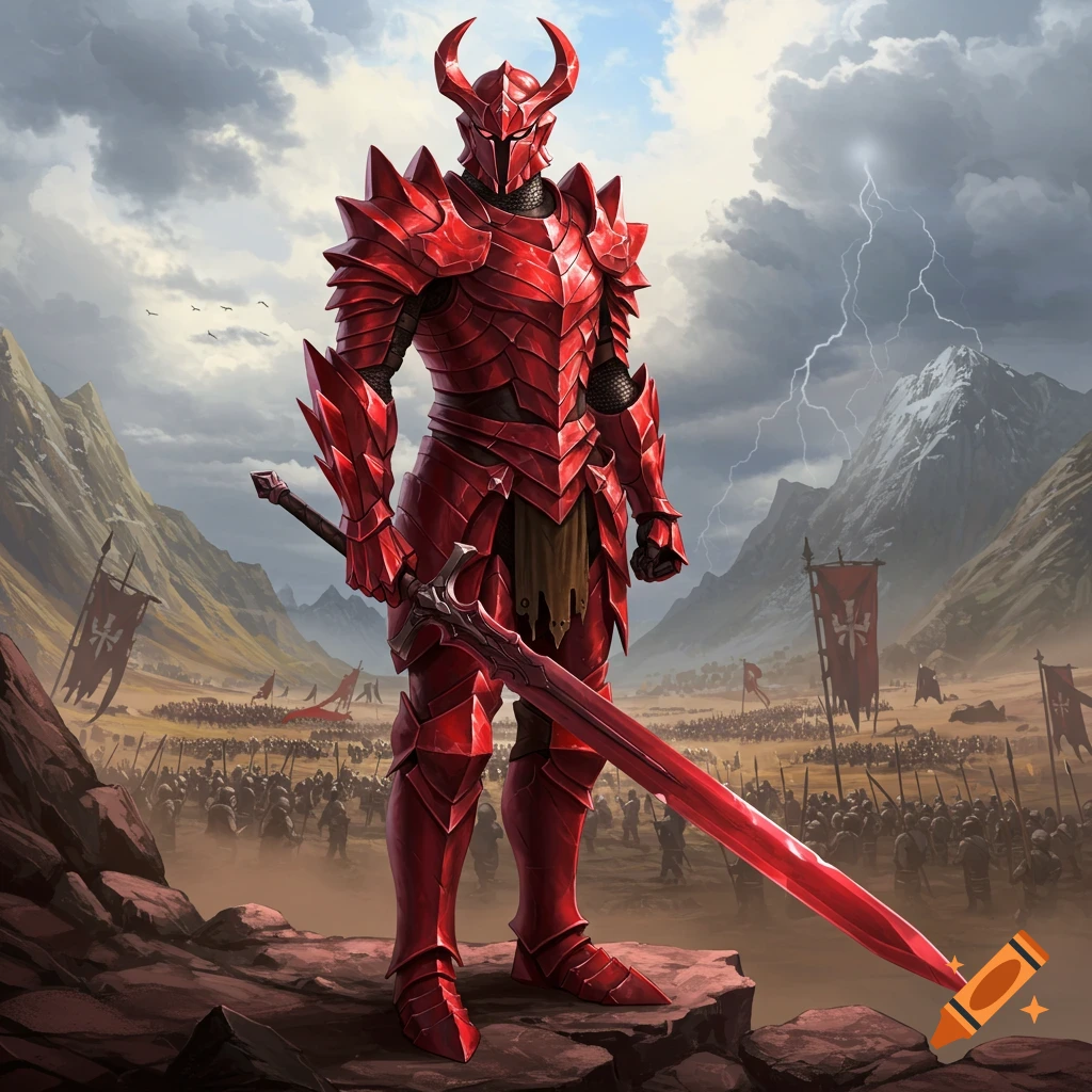 A powerful warrior in spiky red shardplate armor with horns on the helmet stands on a rock, holding a large red sword overlooking a battlefield under a stormy sky.