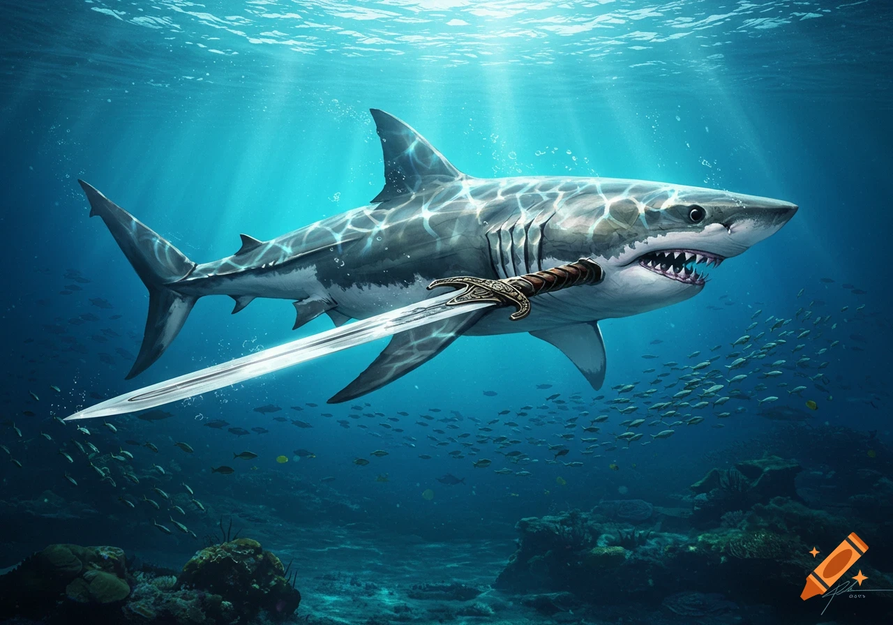 A great white shark swims underwater, holding a detailed sword in its mouth, with schools of fish and coral below.