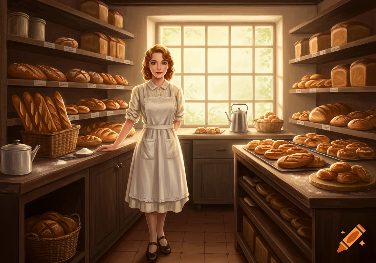 A woman in a vintage baker's apron stands in a rustic bakery filled with bread and pastries, bathed in sunlight from a large window.