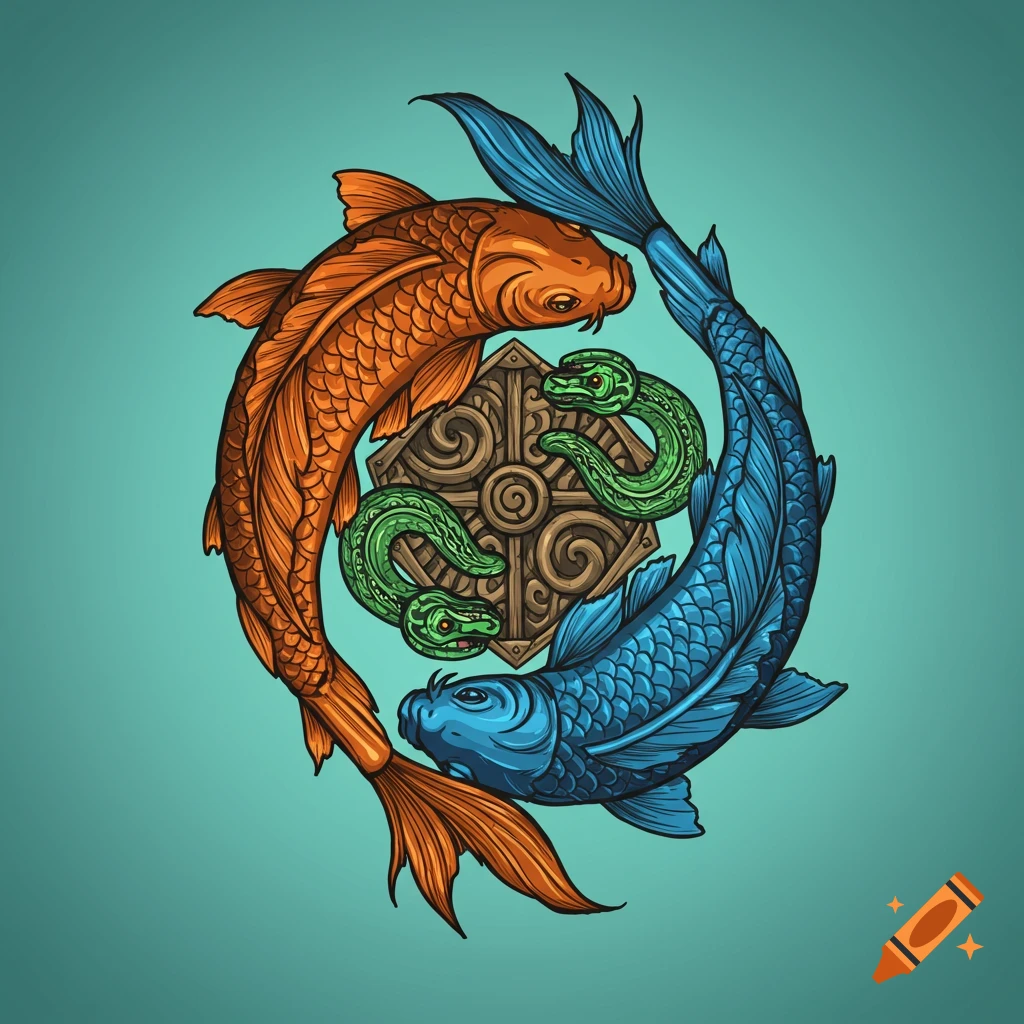 Stylized orange and blue koi fish forming a yin-yang shape around a shield with green snakes, in a tattoo art style.