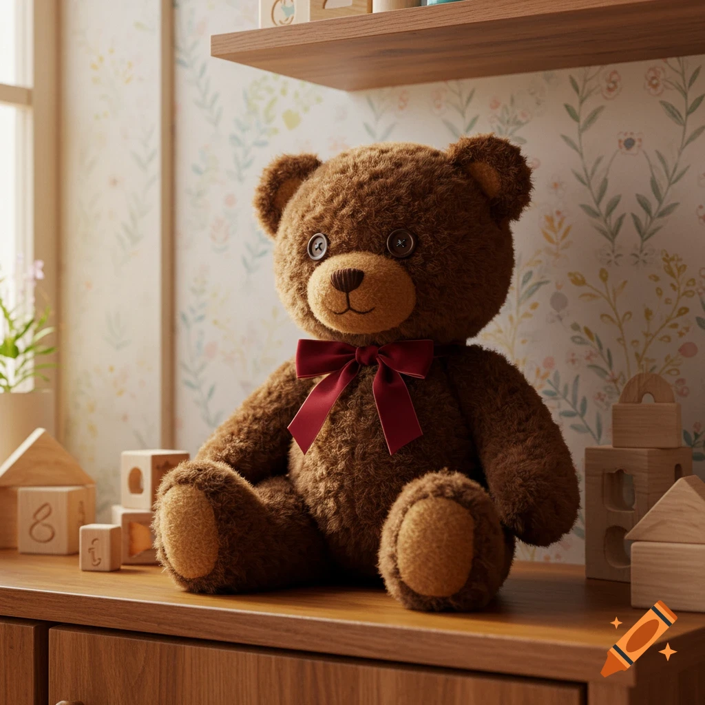 A brown teddy bear with a red bow sits on a wooden dresser surrounded by wooden blocks and floral wallpaper.