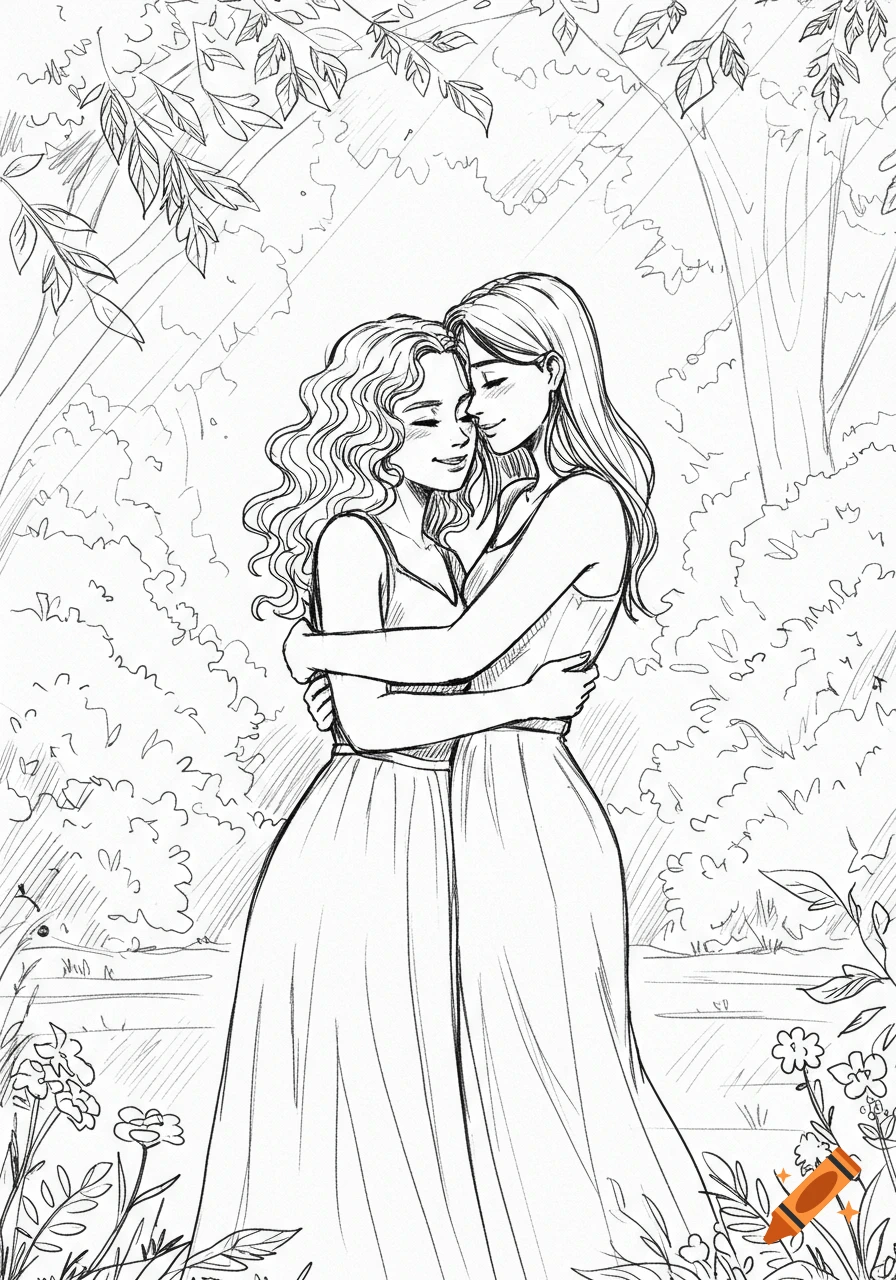A line art sketch of two women with flowing hair embracing in a garden with leaves overhead and flowers below.