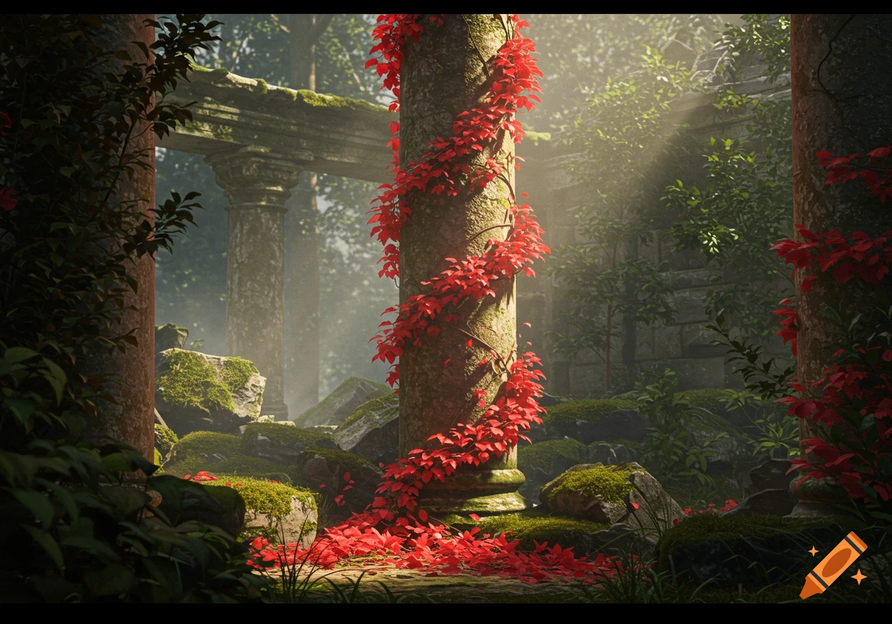 Ancient stone column wrapped in red vines within overgrown ruins. Mossy rocks, trees, and sunbeams in a photorealistic style.