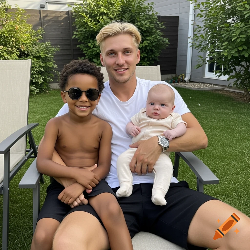 A young blonde man in a white shirt and black shorts sits outdoors, holding an infant and a young boy with sunglasses.