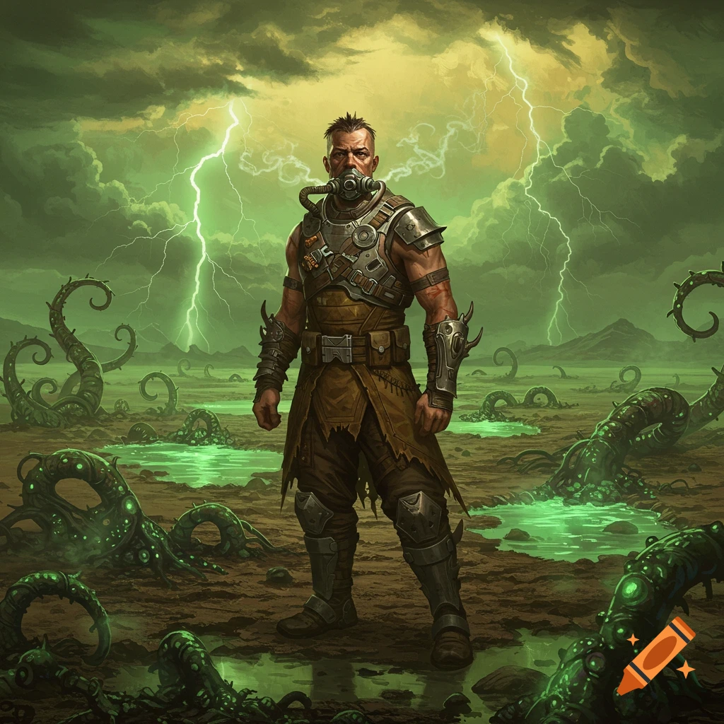 A rugged, armored hunter with a gas mask stands in a glowing green, tentacled swamp under a lightning storm.