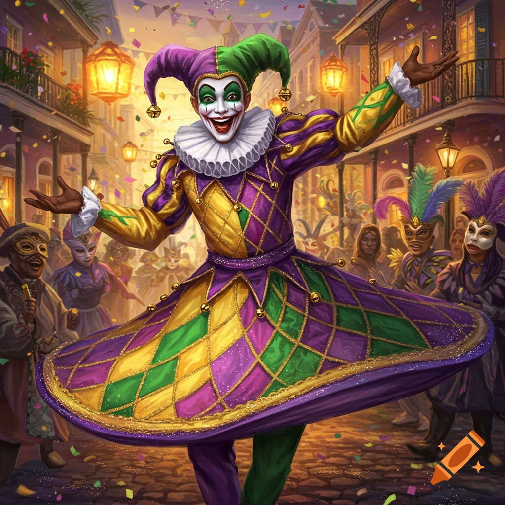A vibrant illustration of a jester in a purple, gold, and green costume dancing on a festive Mardi Gras street with confetti falling.