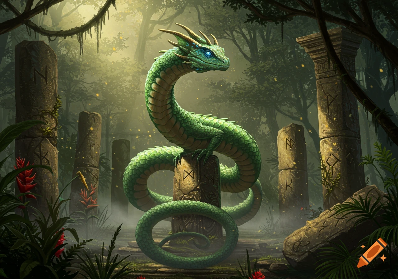 A vibrant green basilisk with glowing blue eyes coiled around a mossy, runic stone pillar in ancient jungle ruins.