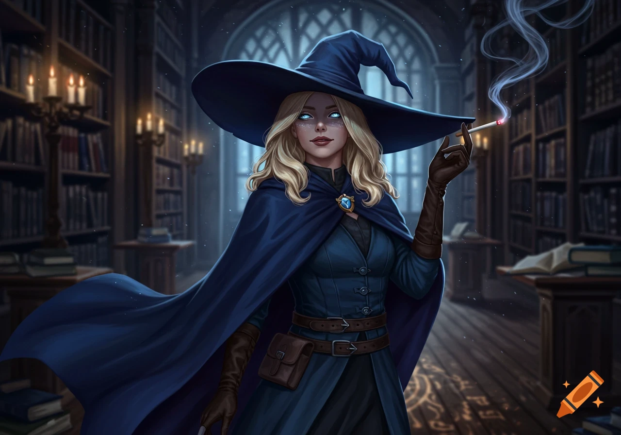 A blonde wizard woman with glowing blue eyes and a dark blue outfit and hat smokes a cigarette in a dimly lit library.