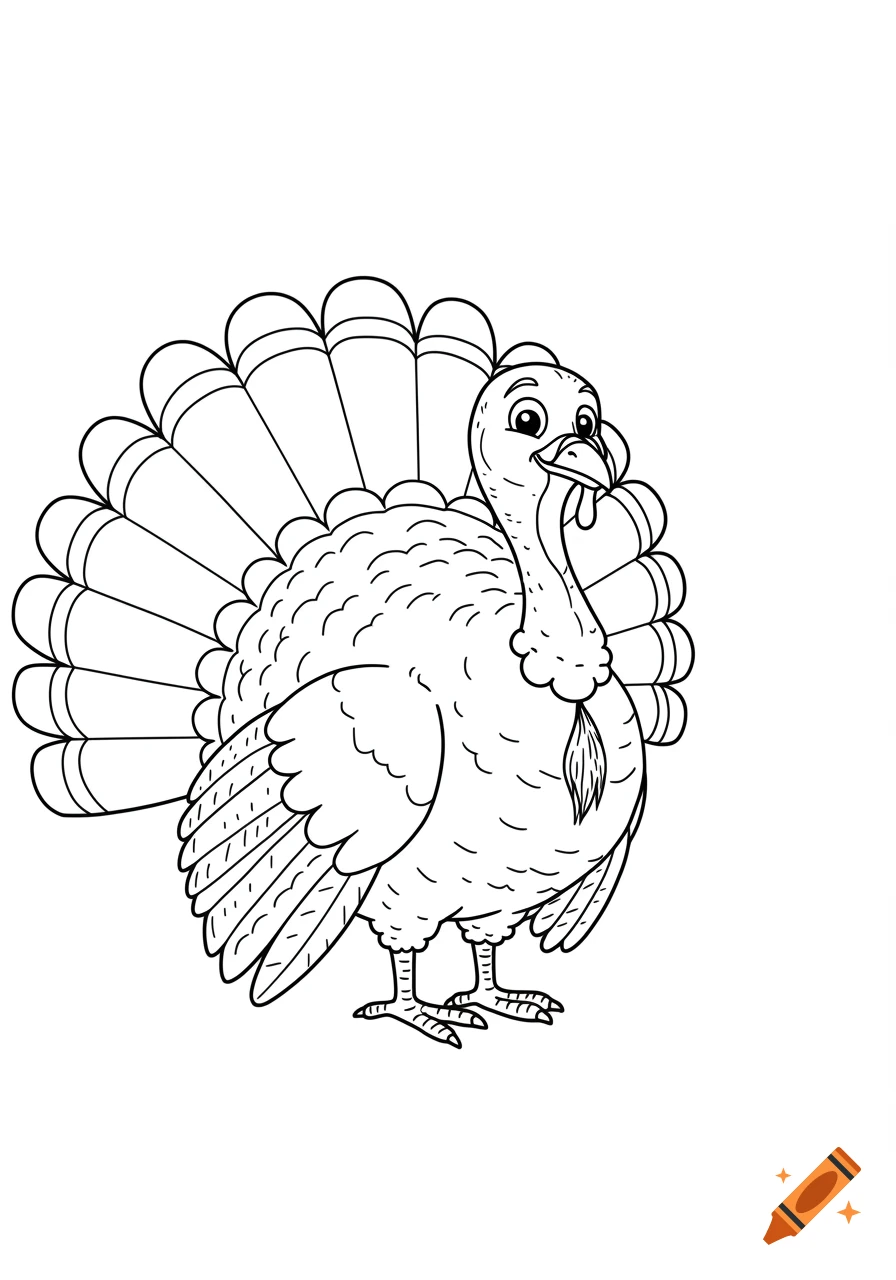 Black and white line art of a cartoon turkey, designed as a coloring page.