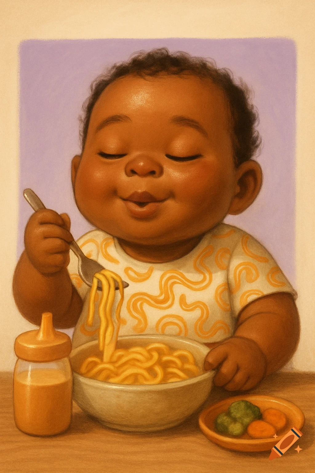 A cute illustrated baby with dark skin happily eats noodles with a fork from a bowl, with a bottle and vegetables on the table.
