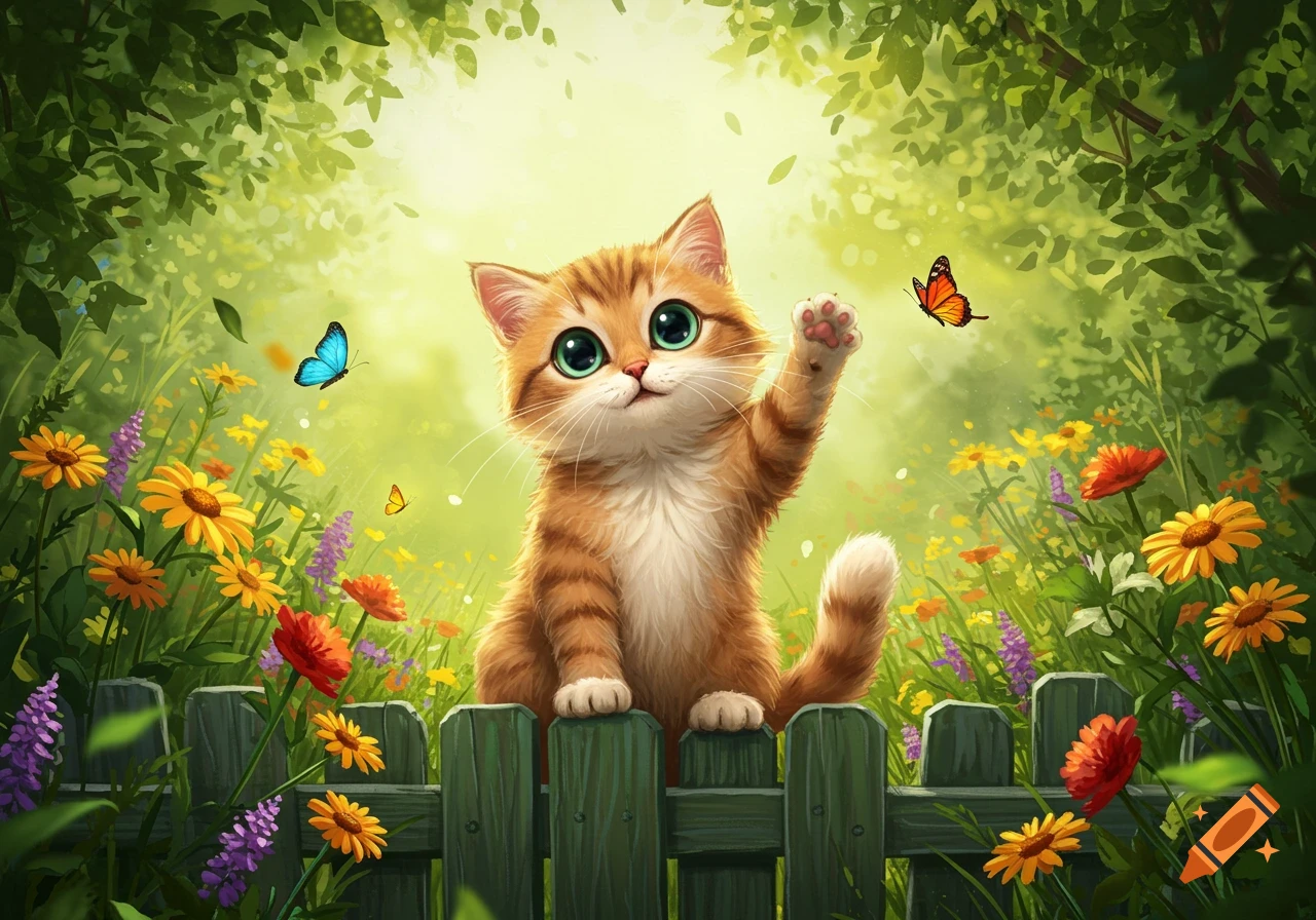 A cute, cartoon orange tabby kitten on a wooden fence reaches up, surrounded by colorful flowers and butterflies in a sunny garden.
