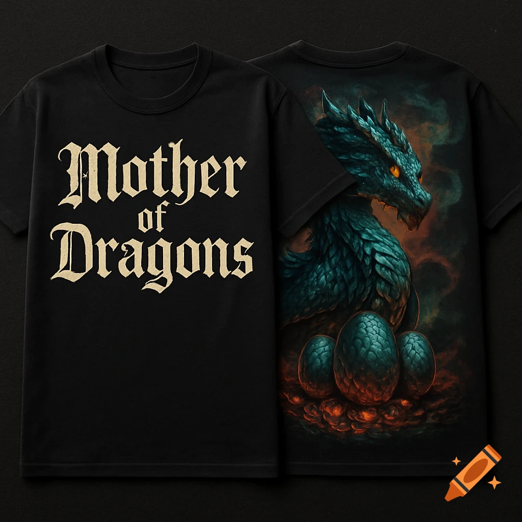 Black t-shirt with 'Mother of Dragons' text on the front and a teal dragon with three eggs on the back.