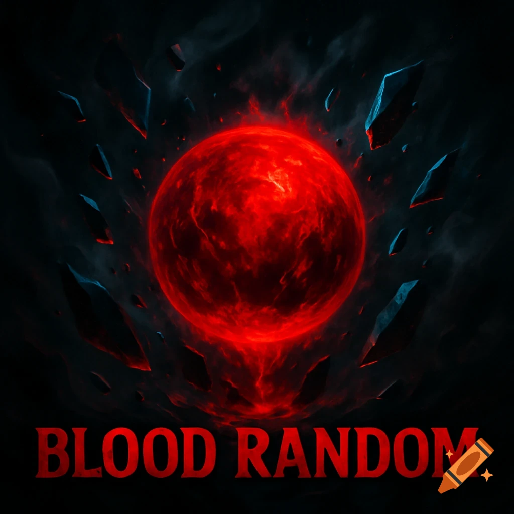 A glowing red orb surrounded by dark, sharp rocks against a dark, smoky background with the text 'BLOOD RANDOM' at the bottom.