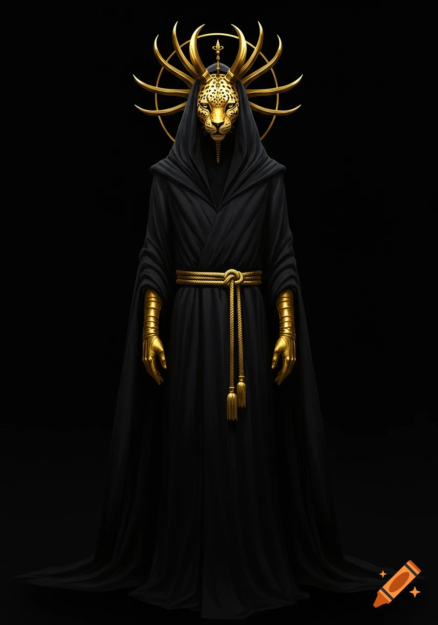 A robed figure with a golden leopard mask and antlers stands in a black void.
