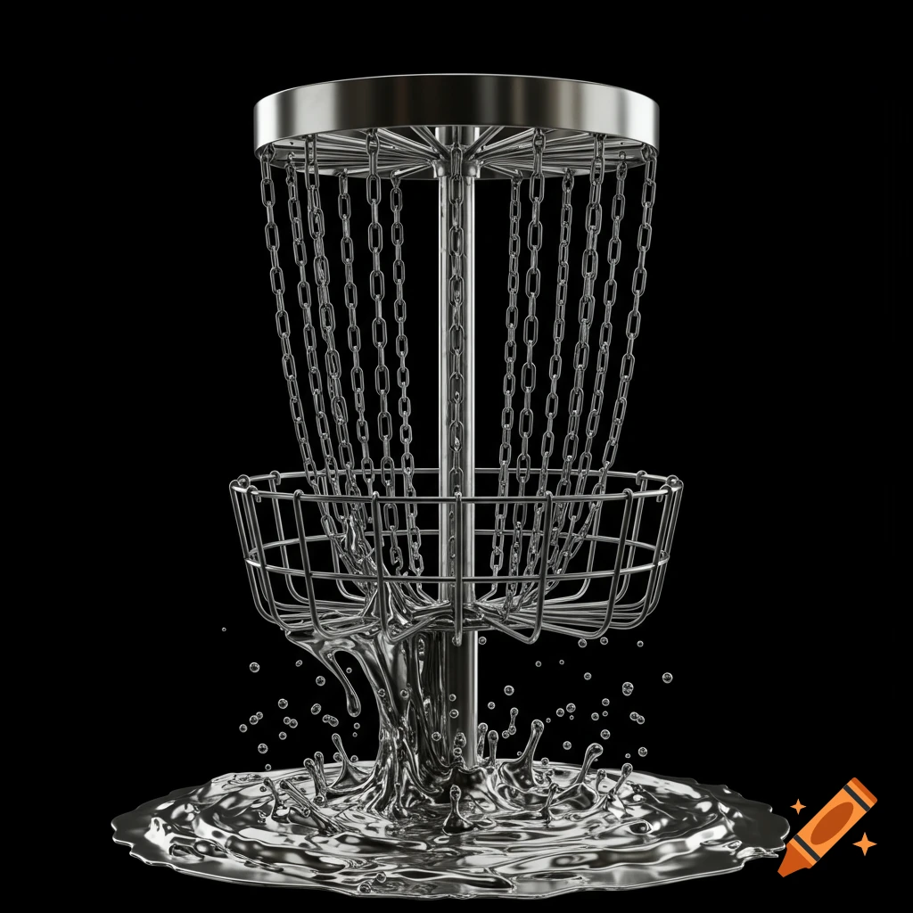 A disc golf basket made of shiny liquid chrome, transforming from a rippling puddle at the bottom to a solid structure, on a black background.