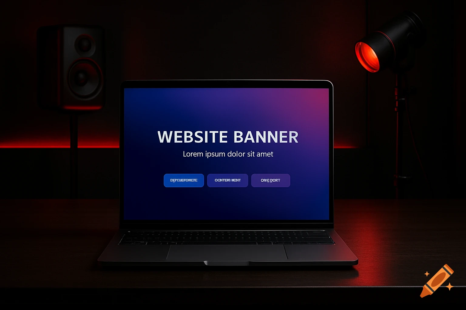 A laptop with a "WEBSITE BANNER" displayed on its screen, set on a dark table in a red and black themed studio.