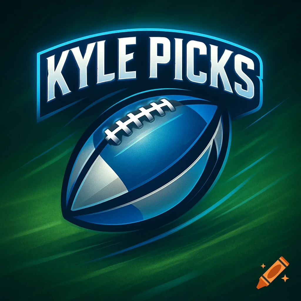 Stylized blue football with white laces under a curved banner displaying 'KYLE PICKS' text, against a green background, in digital art style.