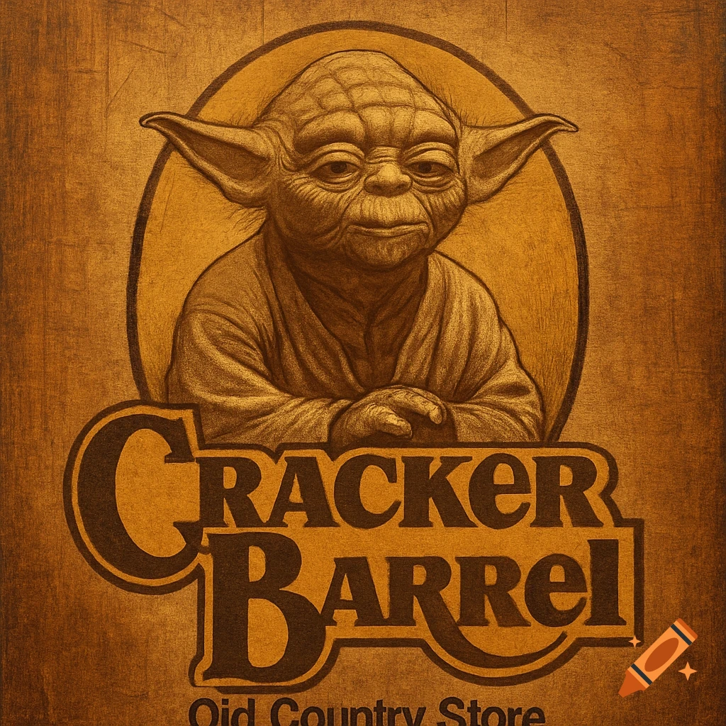 Sepia-toned, woodcut-style drawing of Yoda in the Cracker Barrel Old Country Store logo.