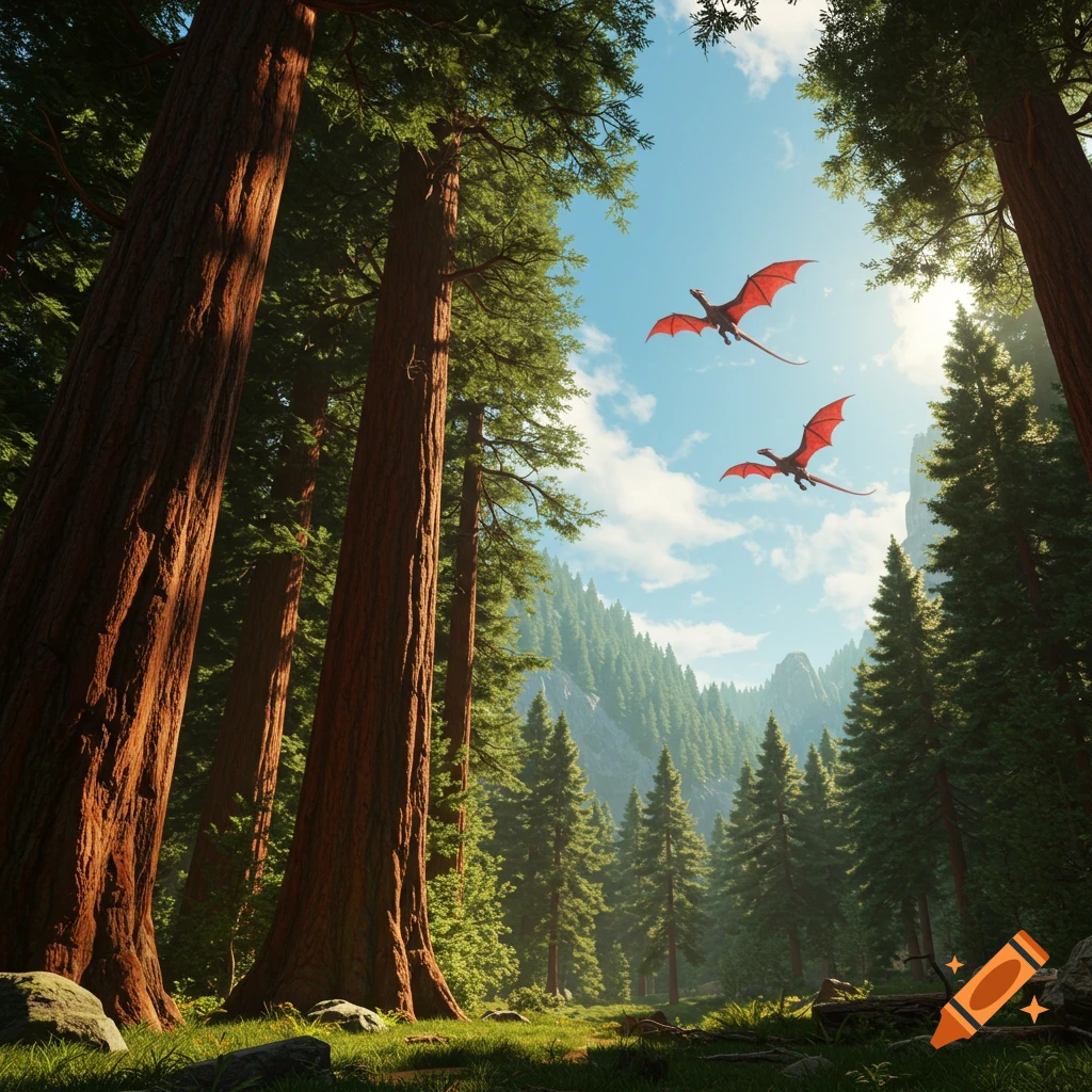 Two red dragons fly high above a sunlit redwood forest valley, seen from below.