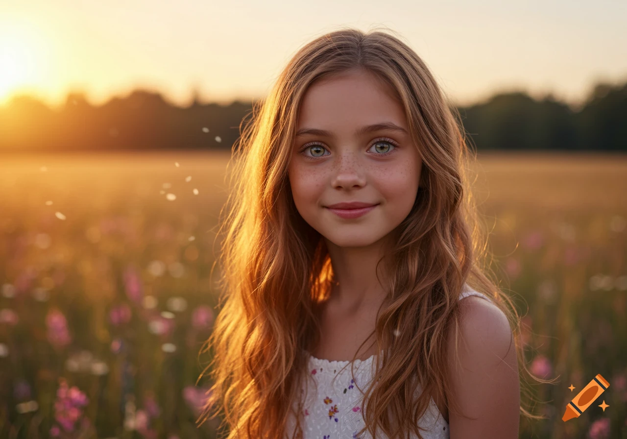 Photorealistic portrait of a young girl with long reddish-brown hair and green eyes, smiling slightly in a sunlit field at sunset.