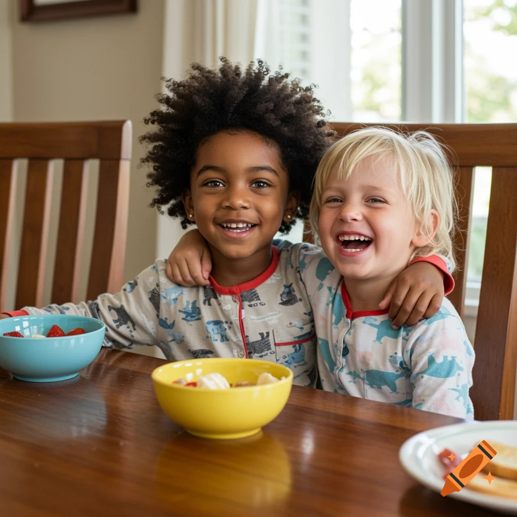Two smiling children in pajamas sit at a wooden table with bowls of fruit, one with an arm around the other, in a photorealistic style.