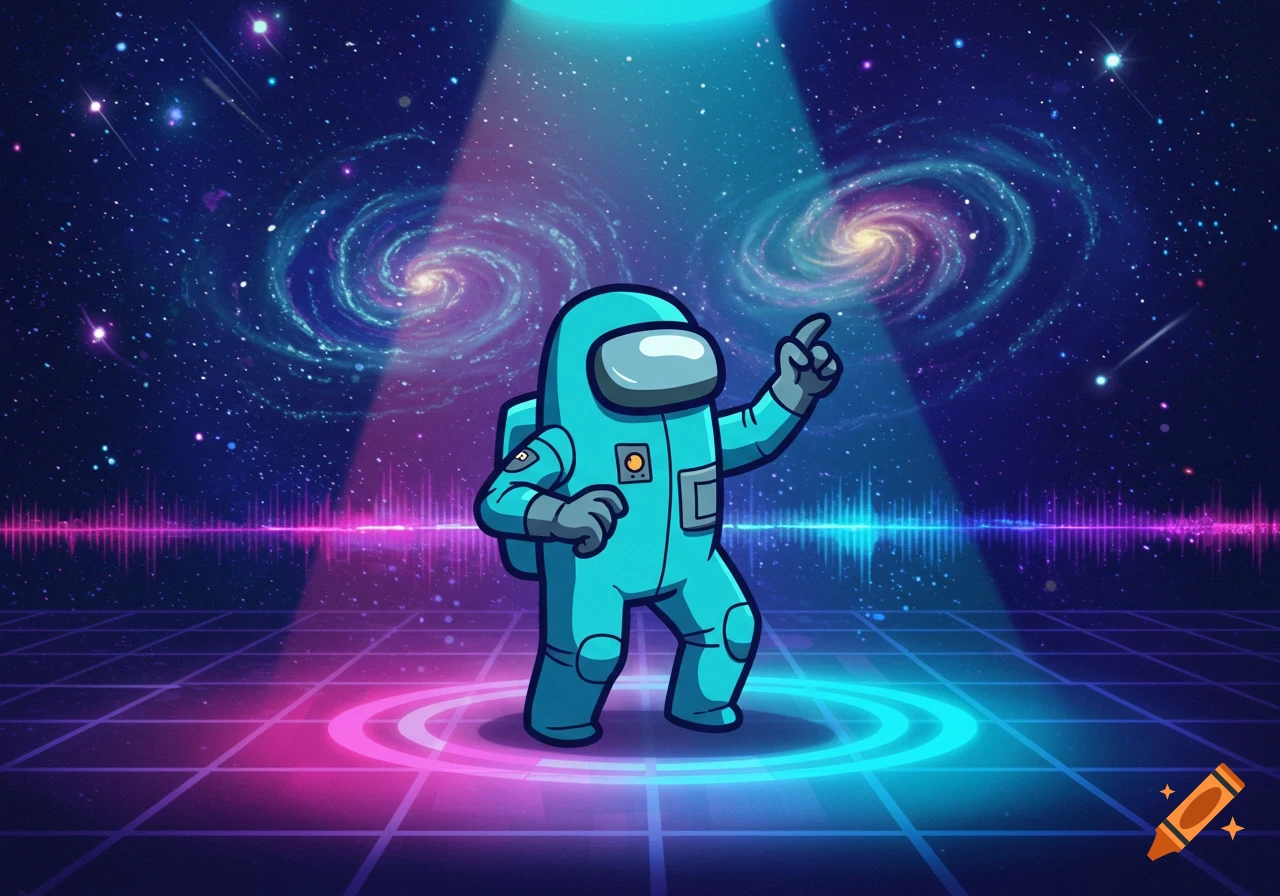 Cyan Among Us character dancing under a blue spotlight on a neon grid floor in a starry space scene with galaxies.