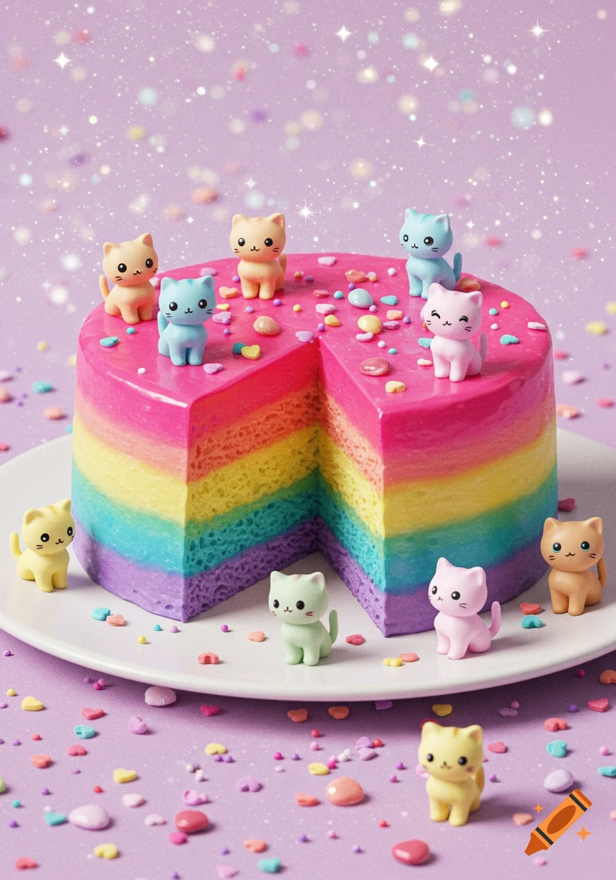 A vibrant rainbow layer cake with a slice removed, adorned with cute pastel cat figurines and sprinkles on a glittery purple surface.