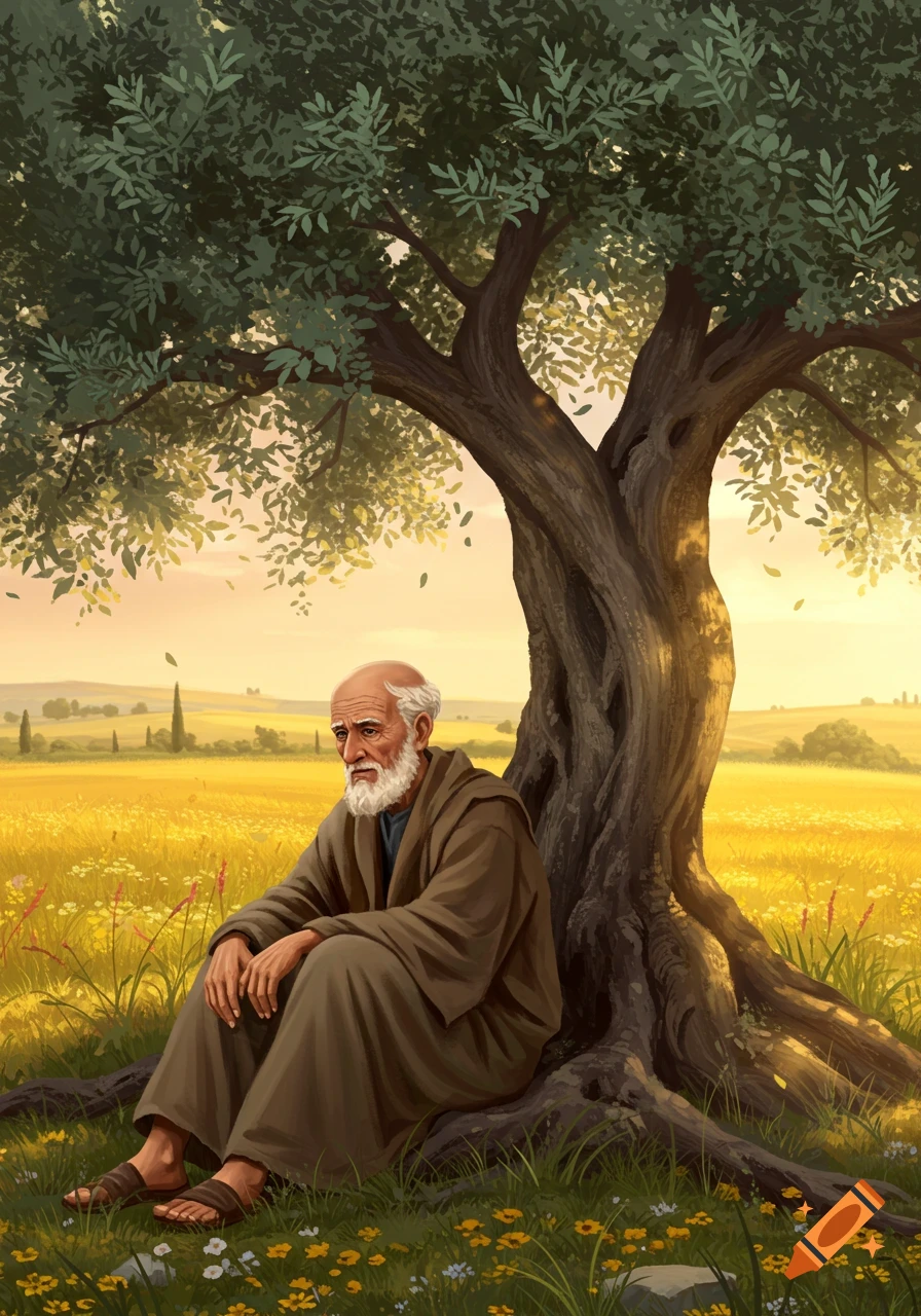 An old man with a white beard sits peacefully under a large tree in a field of yellow flowers at sunset, in an illustrative style.