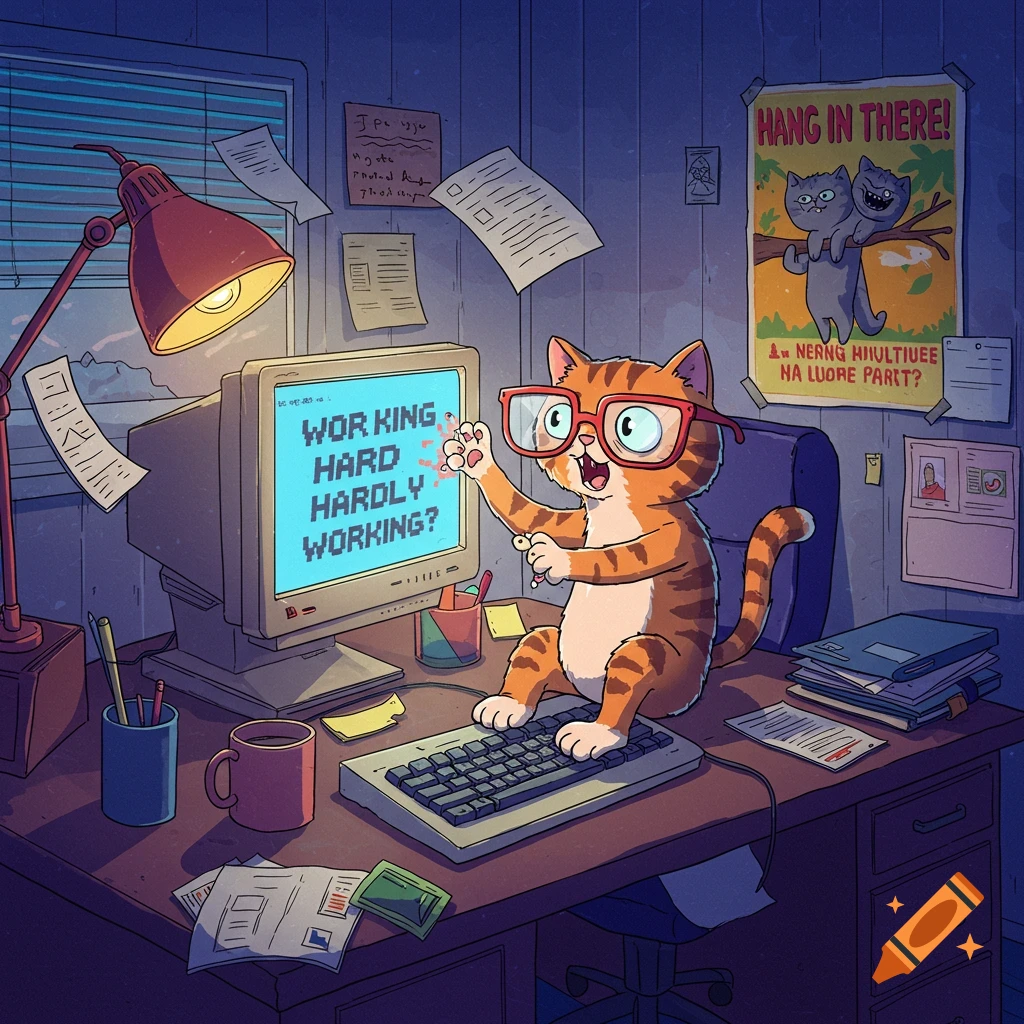 A cartoon ginger cat wearing glasses works on a retro computer at a messy desk, typing with one paw raised. A "Hang in there!" poster is on the wall.