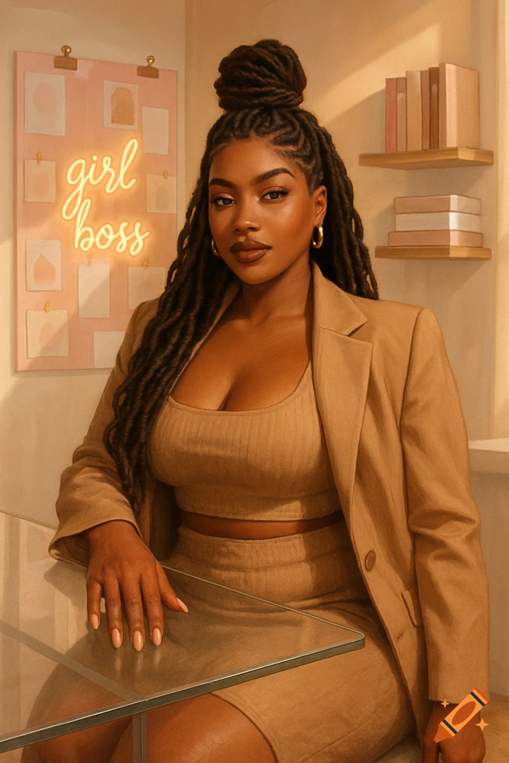 A photorealistic portrait of a Black woman in a business setting with a 'girl boss' neon sign behind her.