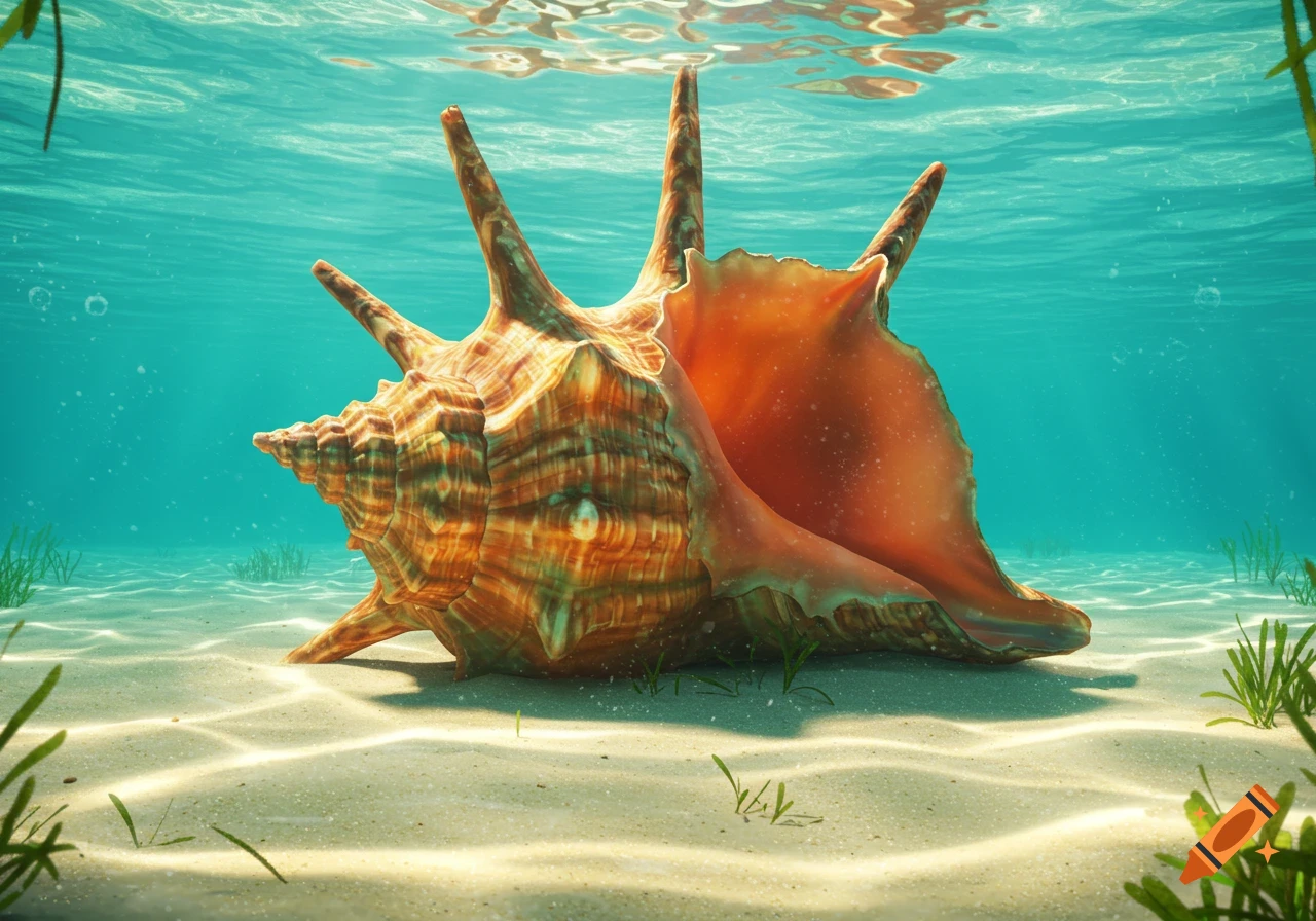 A giant horse conch shell resting on the sandy ocean floor under clear blue water.