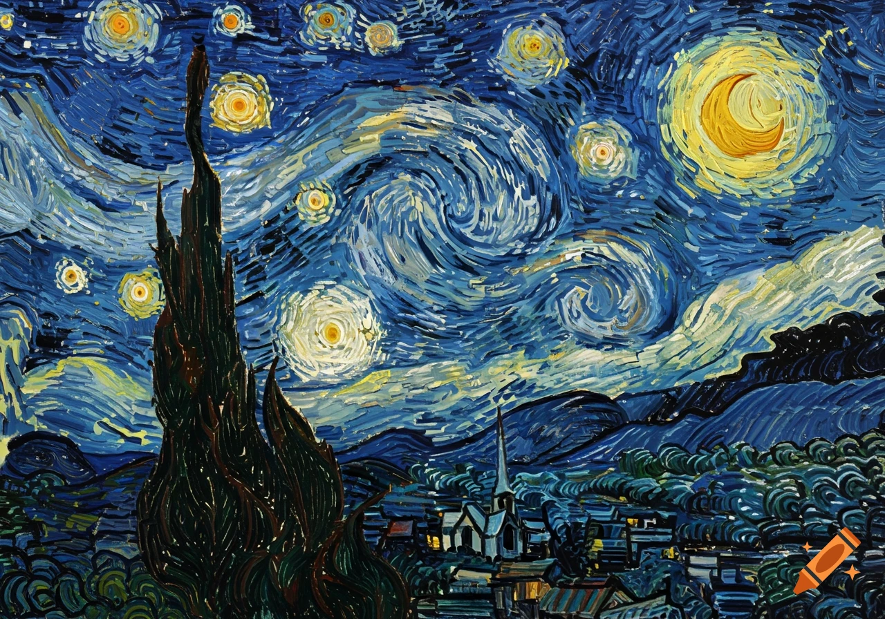 Van Gogh's 'The Starry Night' painting with swirling blue sky, bright stars, a crescent moon, a dark cypress, and a village.