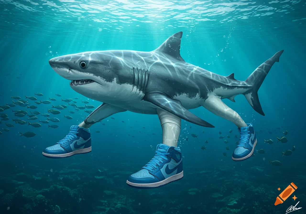 A great white shark with three human legs wearing blue Nike sneakers swims underwater, surrounded by small fish.