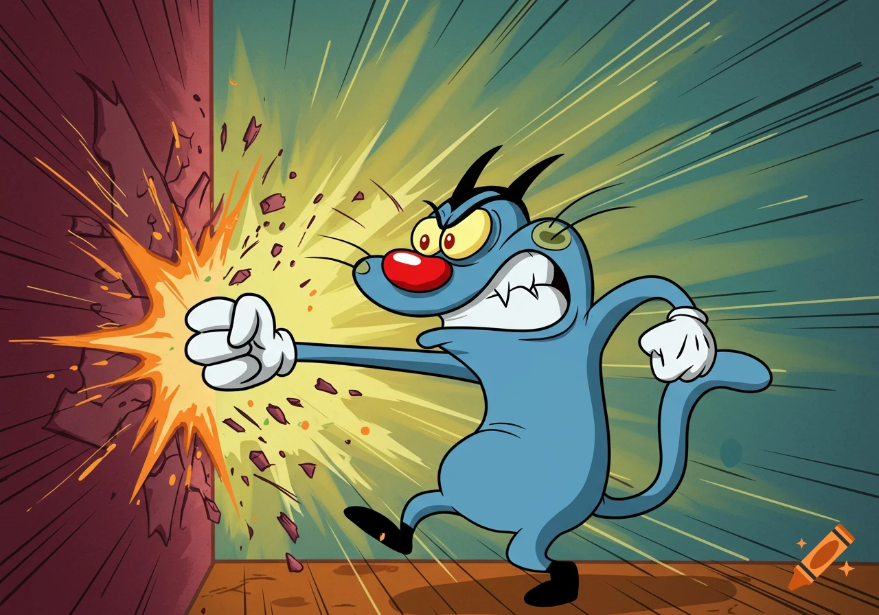 Angry blue cartoon cat Oggy punches a wall with an explosive impact, cartoon style.