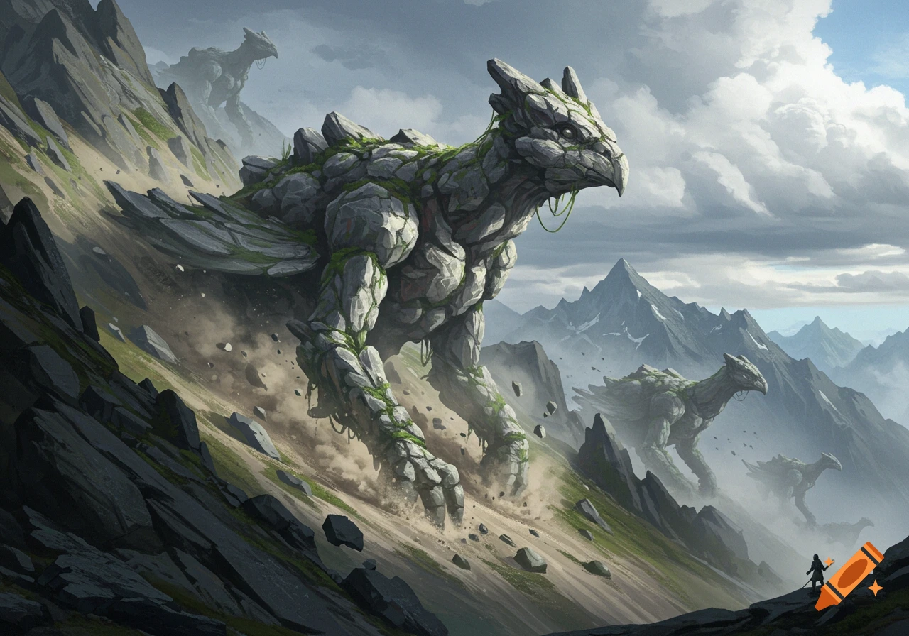 Giant rock bird monsters resembling griffins slide down a steep mountain, with a tiny adventurer watching below.