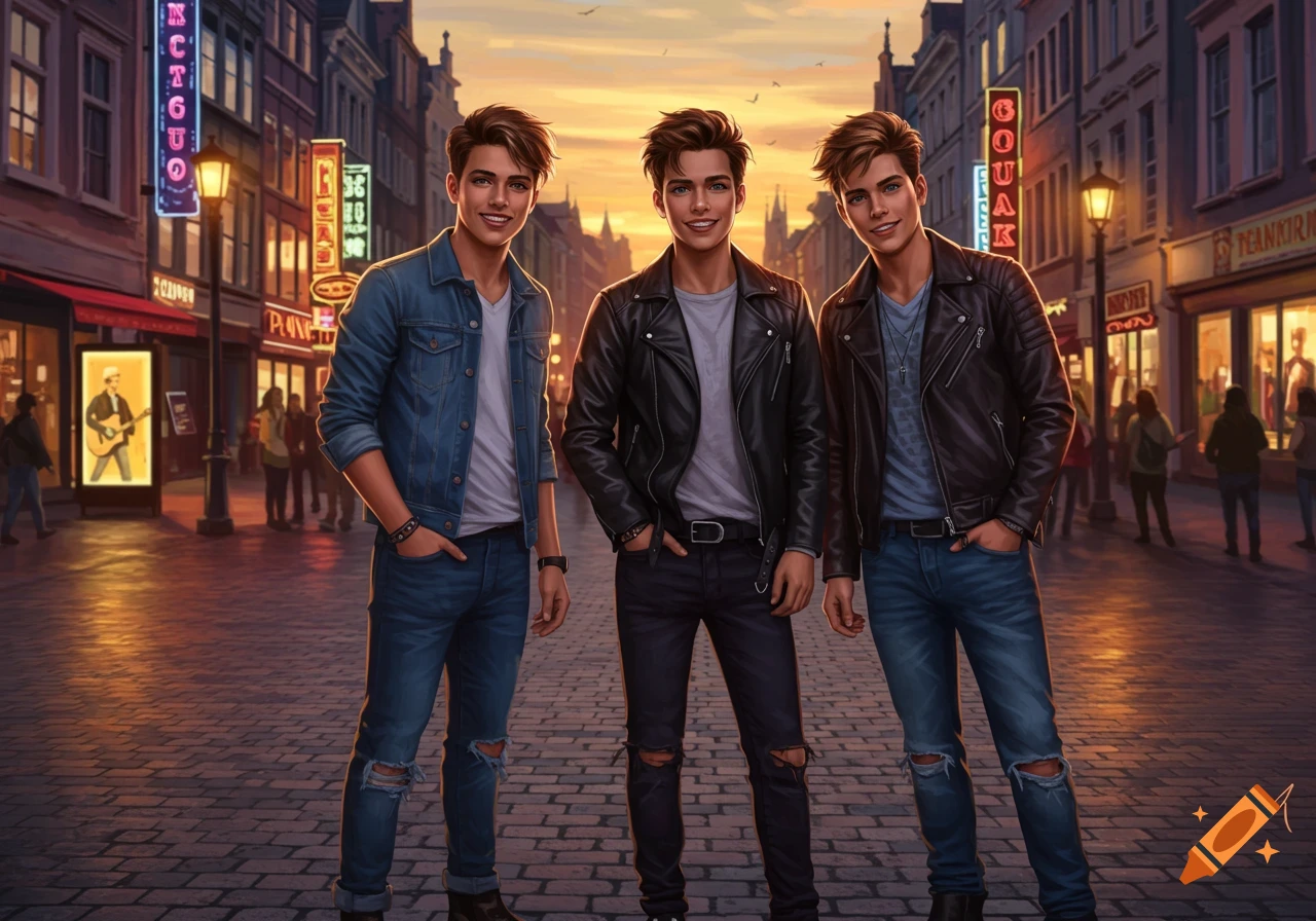 Three young men in casual jackets standing on a city street at sunset, digital art style.