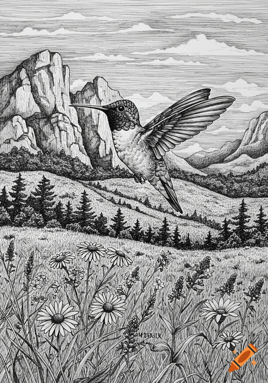Black and white pen drawing of a hummingbird flying over a wildflower meadow with mountains in the background.