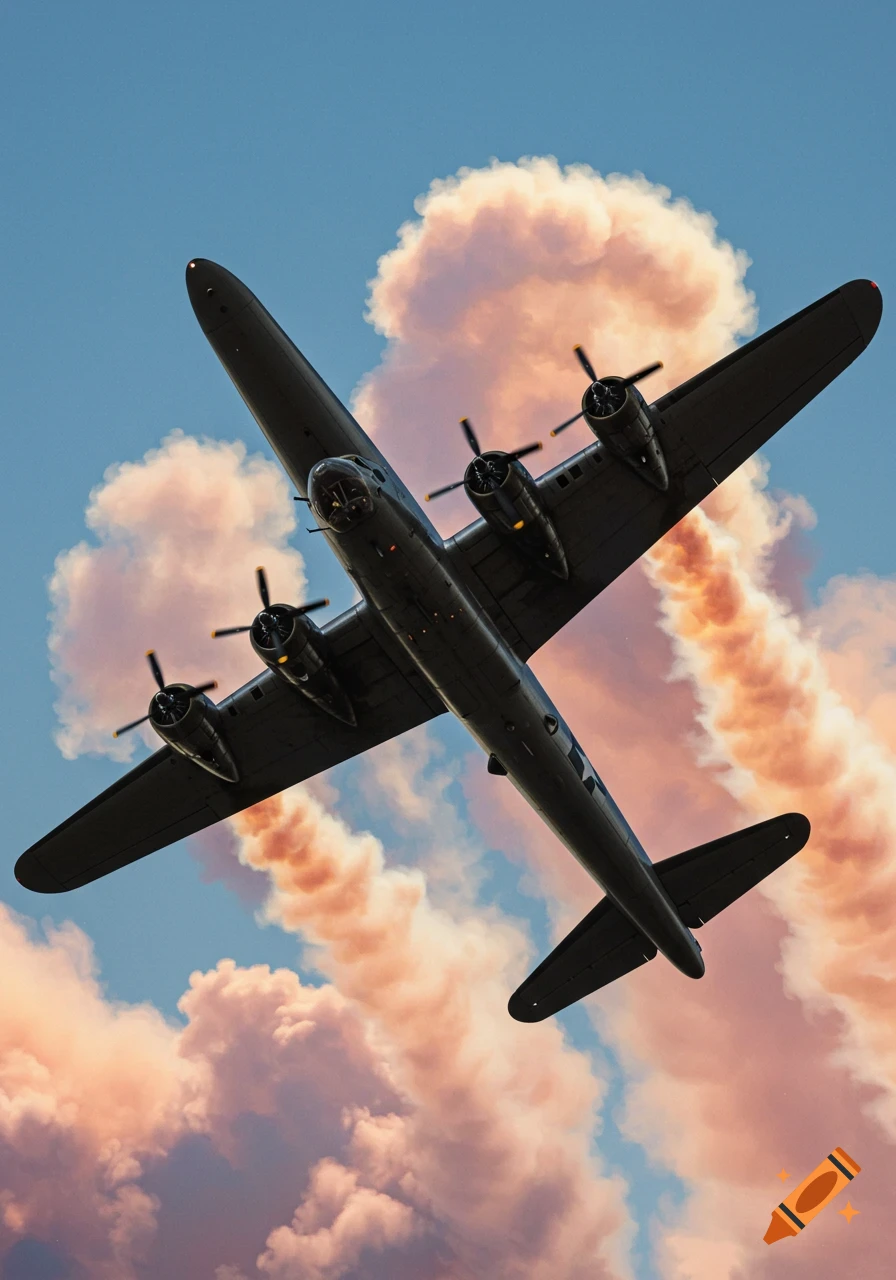 A B-17 bomber aircraft flying from below against a blue sky with pink and red smoke trails.