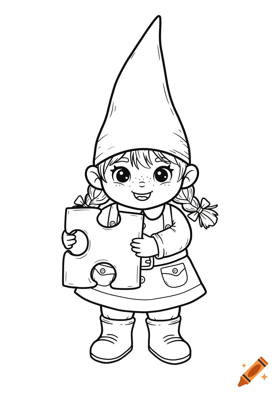 Whimsical black and white line art coloring page of a cute girl garden gnome holding a large puzzle piece.