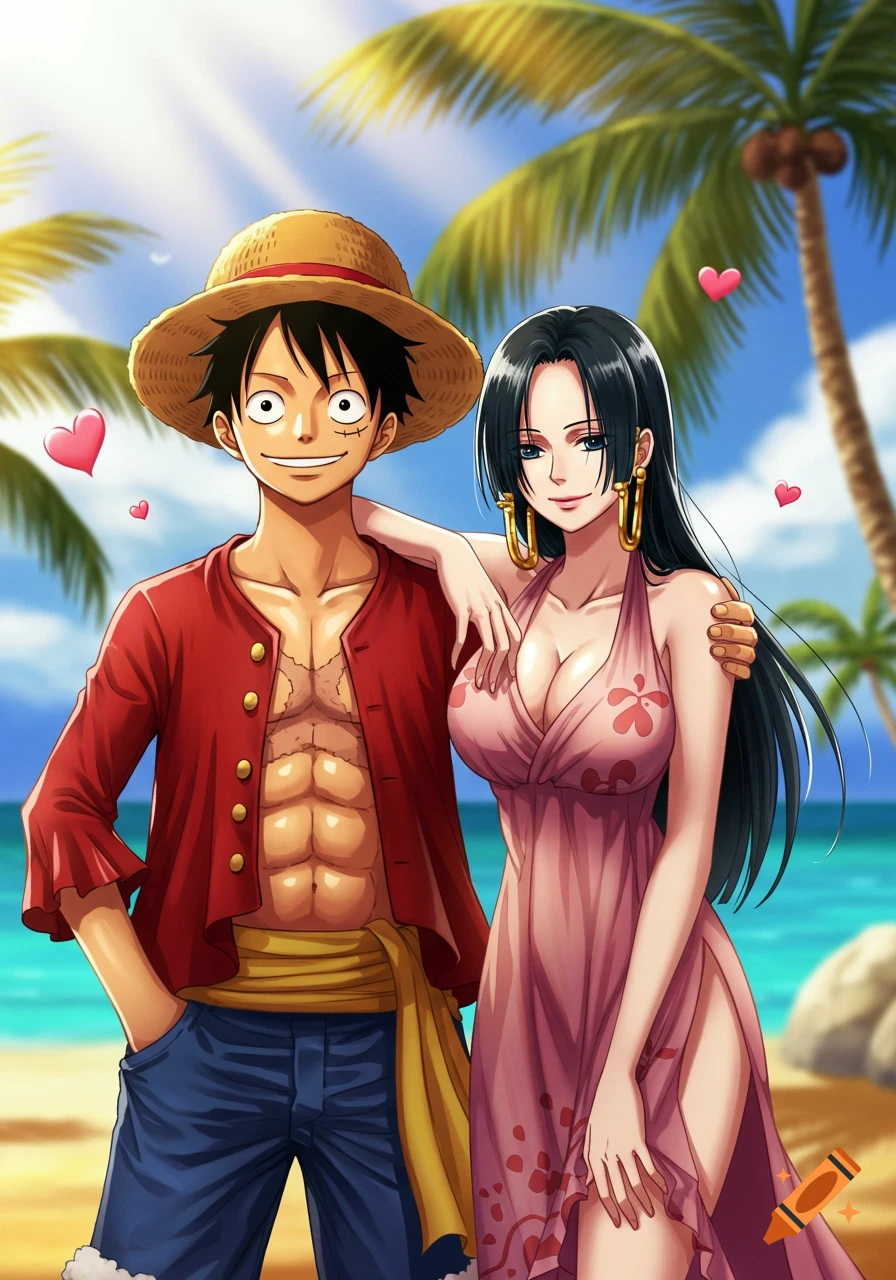 Anime illustration of Monkey D. Luffy and Boa Hancock smiling and posing as a couple on a sunny beach with palm trees.