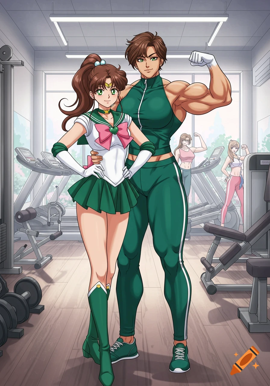 Sailor Jupiter and a muscular woman pose, flexing muscles in an anime gym scene with other exercisers.