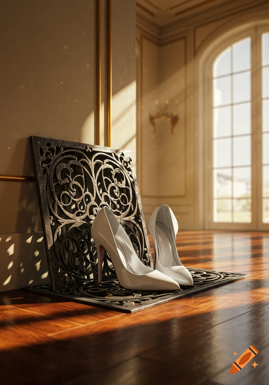 Two white high heels resting on an ornate metal grate in a sunlit opulent room with a large arched window, photorealistic style.
