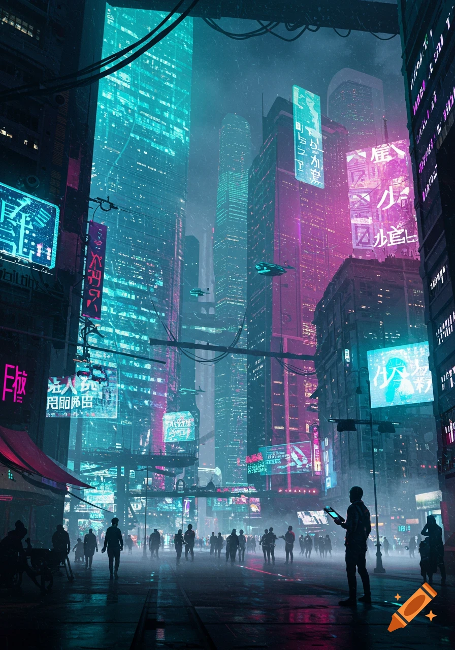 A bustling cyberpunk city street at night, with towering skyscrapers illuminated by neon turquoise and pink lights, and people walking on the wet ground.