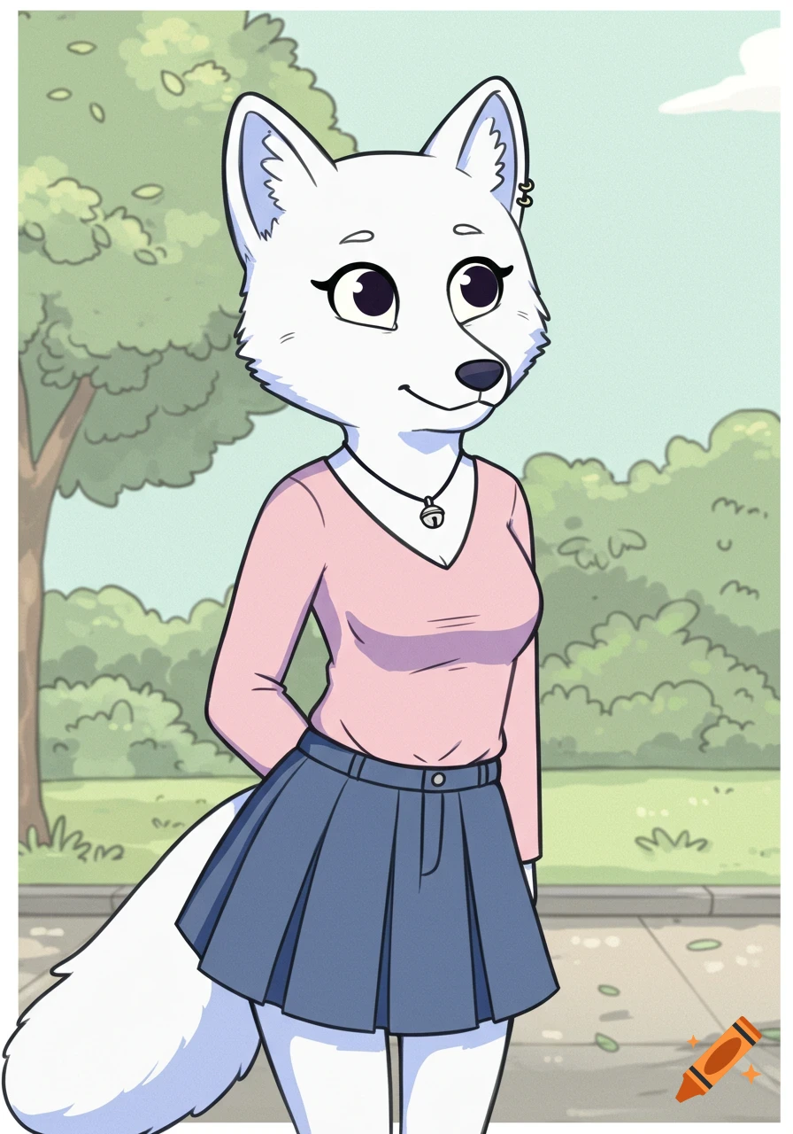 A cartoon female arctic fox in a pink shirt and denim skirt, wearing a bell necklace, standing outdoors with trees and a sidewalk.