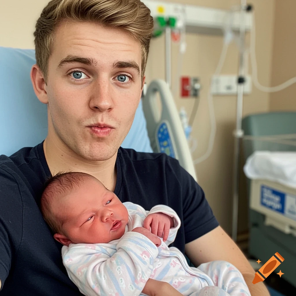 Young man with blonde hair and blue eyes holding a newborn baby in a hospital, making a funny face.