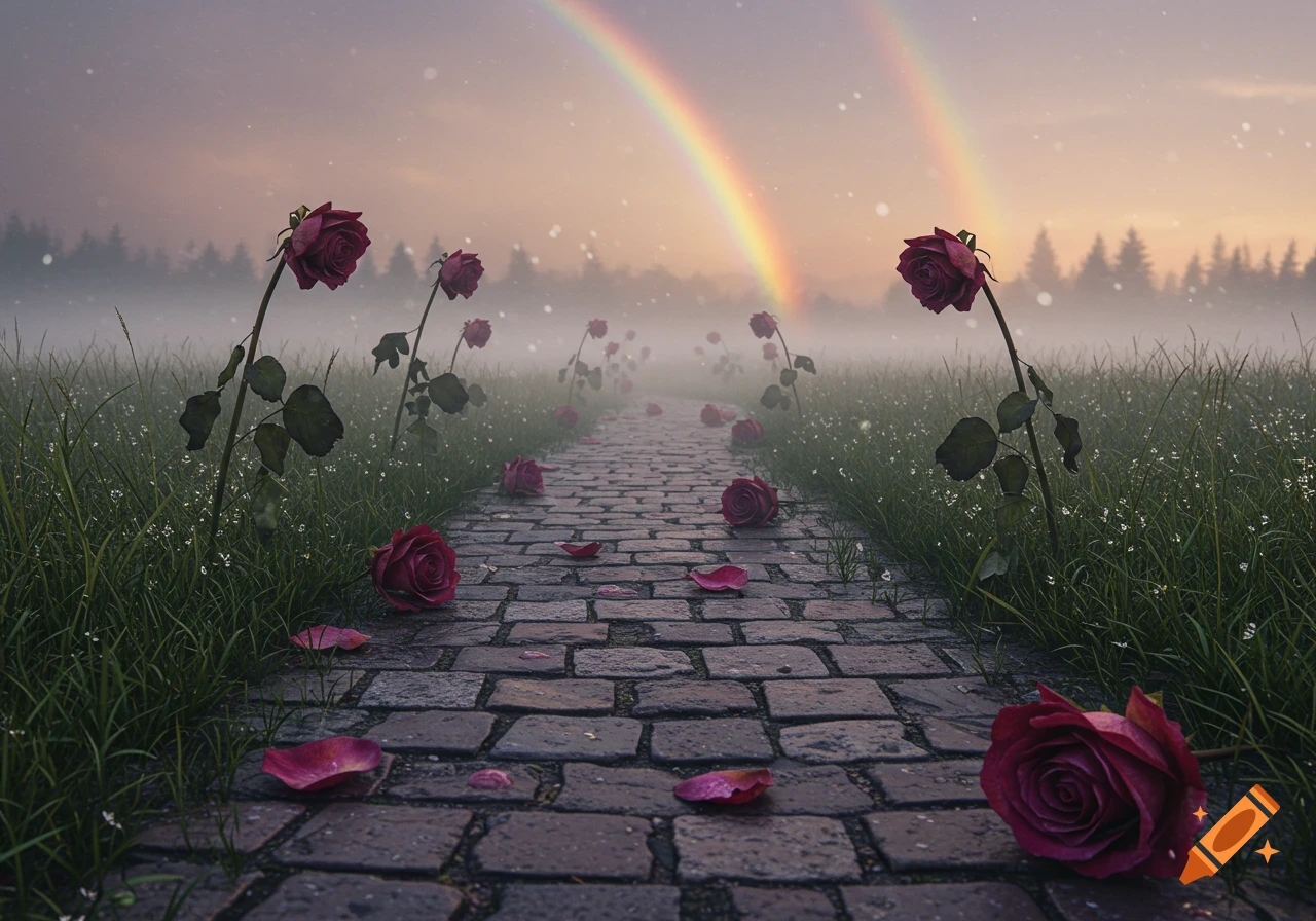 A stone path winding through misty grass fields under a sky with a double rainbow, with red roses scattered along and beside the path.