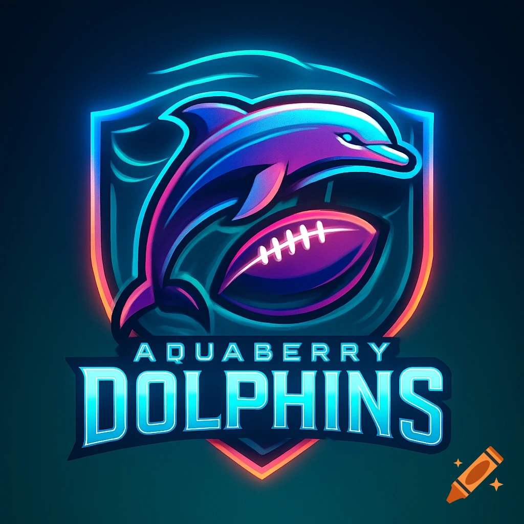 Neon blue and purple dolphin sports logo with a football and the text 'AQUABERRY DOLPHINS'.