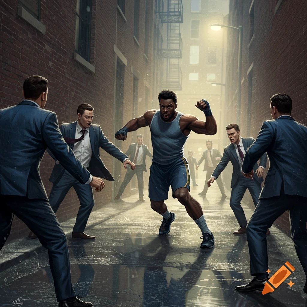 Photorealistic image of a muscular Black man in fight stance confronting several men in suits in a dark, wet alleyway.