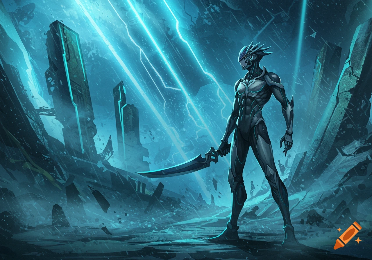 A futuristic warrior in black and silver armor holds a curved sword, standing in a desolate blue landscape with glowing structures and lightning.
